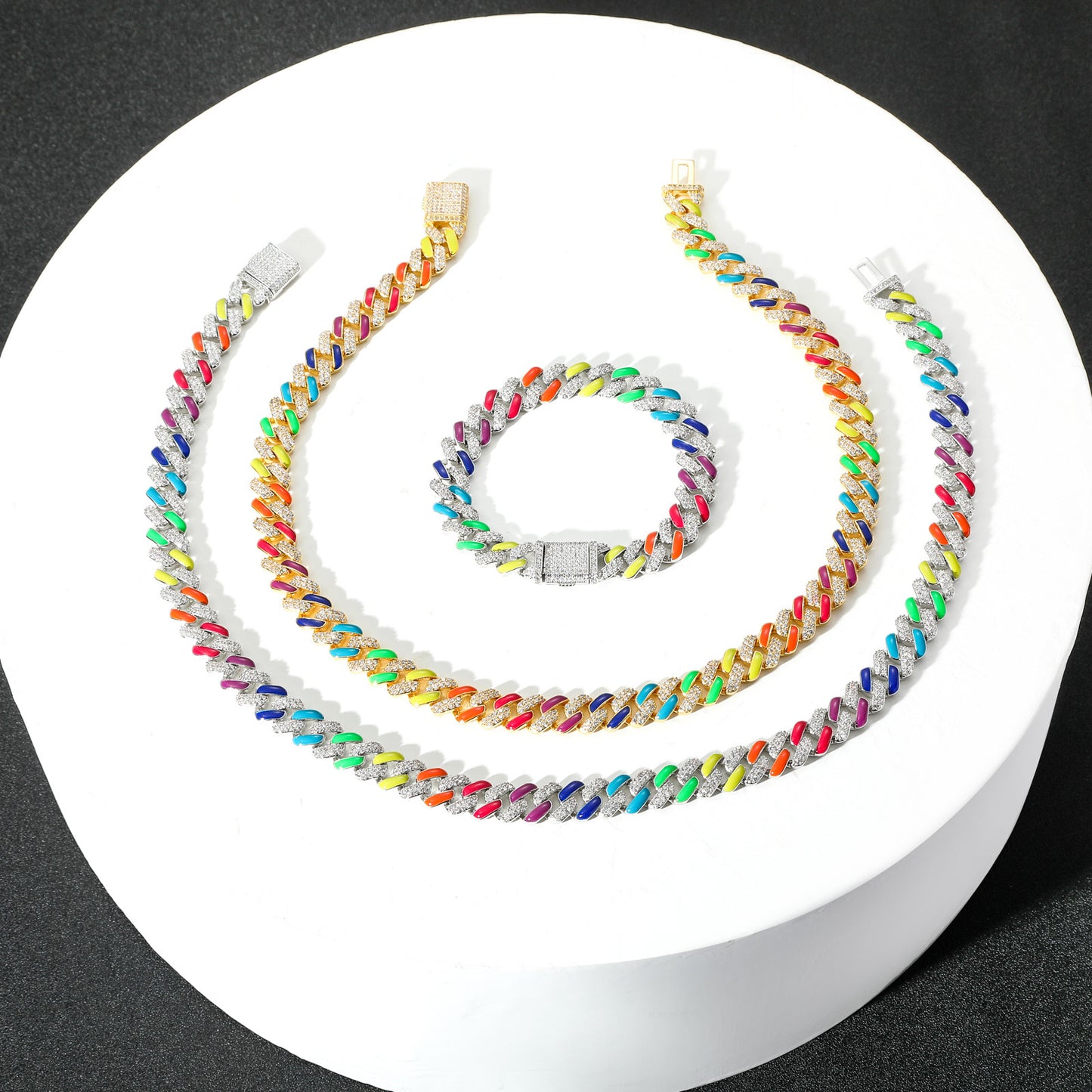 Indi Necklace Colorful Cuban Chain And Bracelet Rainbow Zircon For Men And Women