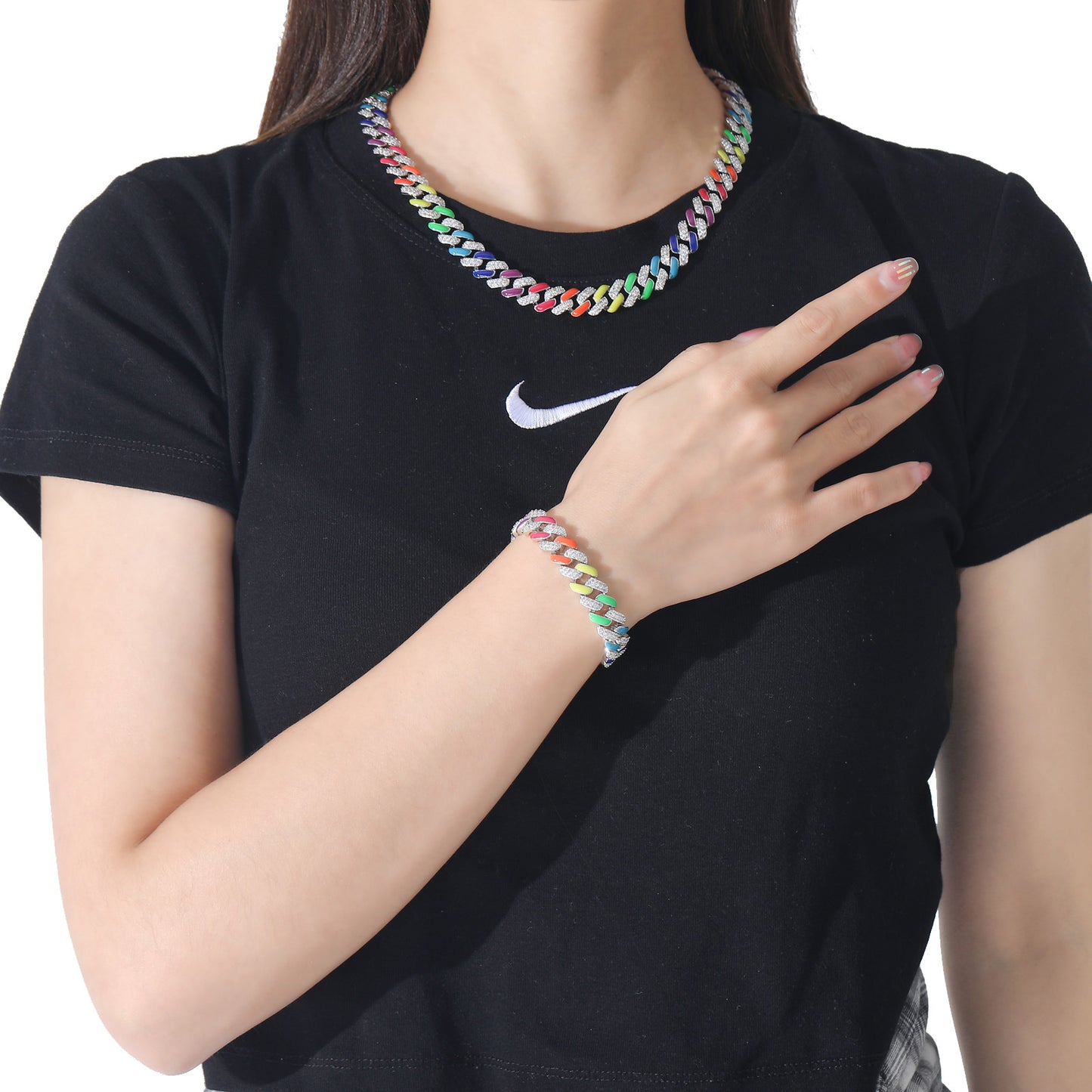 Indi Necklace Colorful Cuban Chain And Bracelet Rainbow Zircon For Men And Women